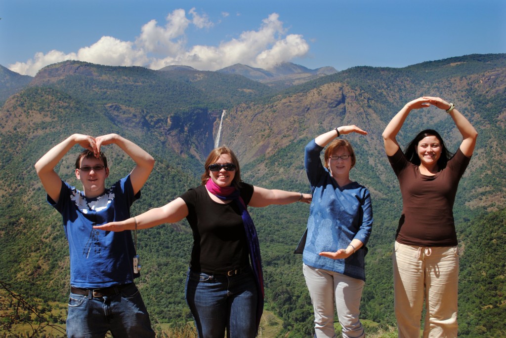 Students Nick Federinko, Melissa Zimmerman, Deborah Caulk and Rebecca Hug spell out M-T-S-O on the road to Kodaikanal. Photo by Jennifer Snyder.